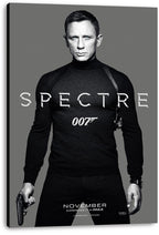 James Bond Spectre canvas wall art print displays Daniel Craig in black attire with a pistol, silver title lettering, and 007 logo.