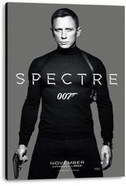 James Bond Spectre canvas wall art print displays Daniel Craig in black attire with a pistol, silver title lettering, and 007 logo.