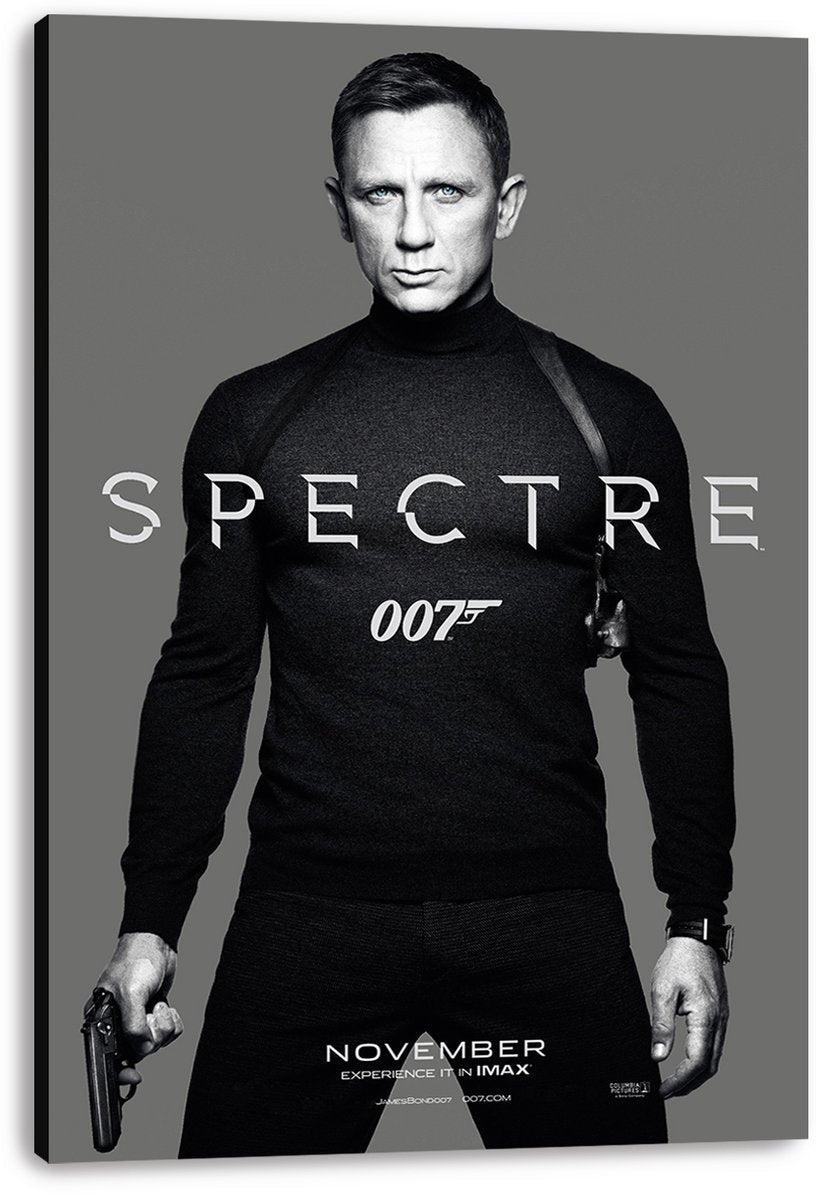 James Bond Spectre canvas wall art print displays Daniel Craig in black attire with a pistol, silver title lettering, and 007 logo.