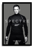James Bond Spectre framed wall art print portrays Daniel Craig holding a pistol beneath silver Spectre lettering on gray.