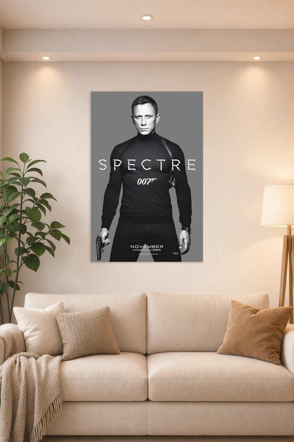 Daniel Craig James Bond 007 Spectre in a bright living room above a beige sofa.