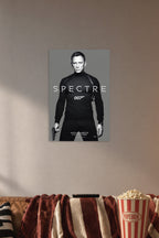 Daniel Craig James Bond 007 Spectre in a cozy movie room above a brown sofa with popcorn.