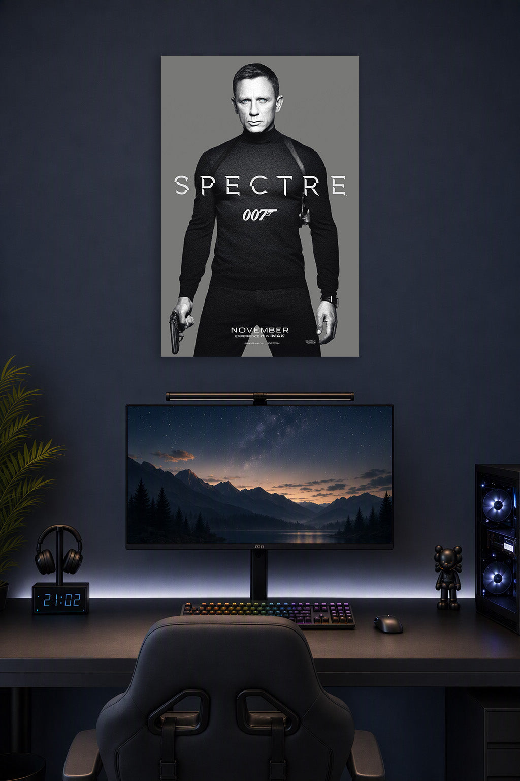 Daniel Craig James Bond 007 Spectre in a gaming desk setup above a monitor.