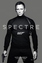 James Bond Spectre poster features Daniel Craig in a black turtleneck holding a pistol against a gray background.