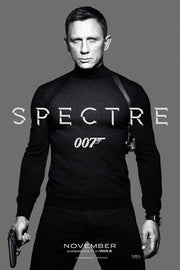 James Bond Spectre poster features Daniel Craig in a black turtleneck holding a pistol against a gray background.