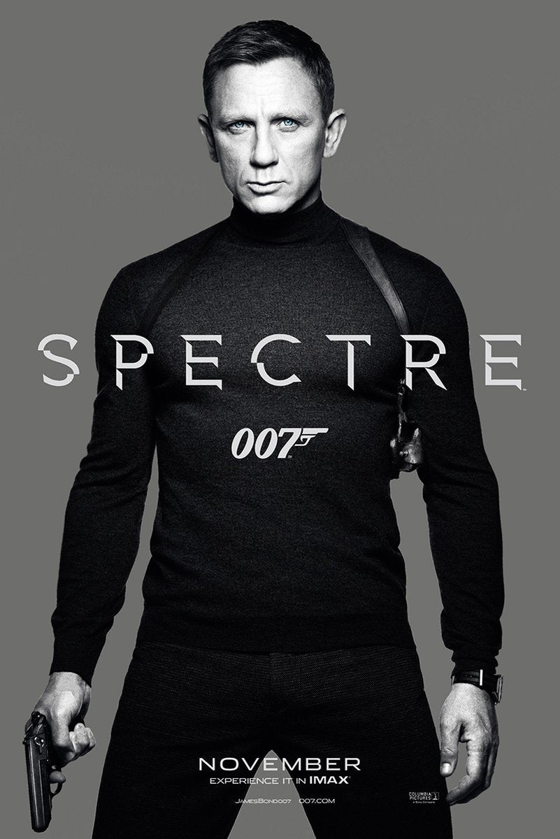 James Bond Spectre poster features Daniel Craig in a black turtleneck holding a pistol against a gray background.
