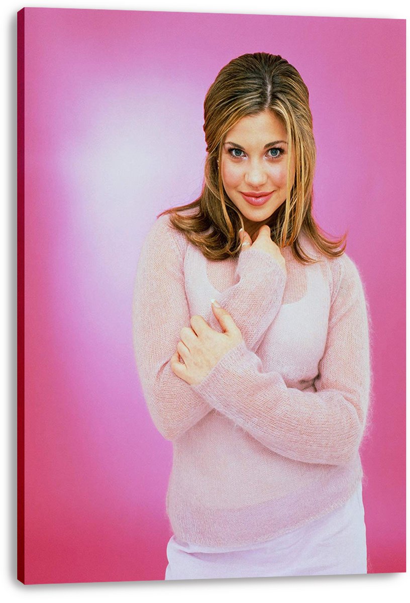 Danielle Fishel canvas wall art print displays her smiling in a pink sweater, with visible wrapped canvas edges on white.