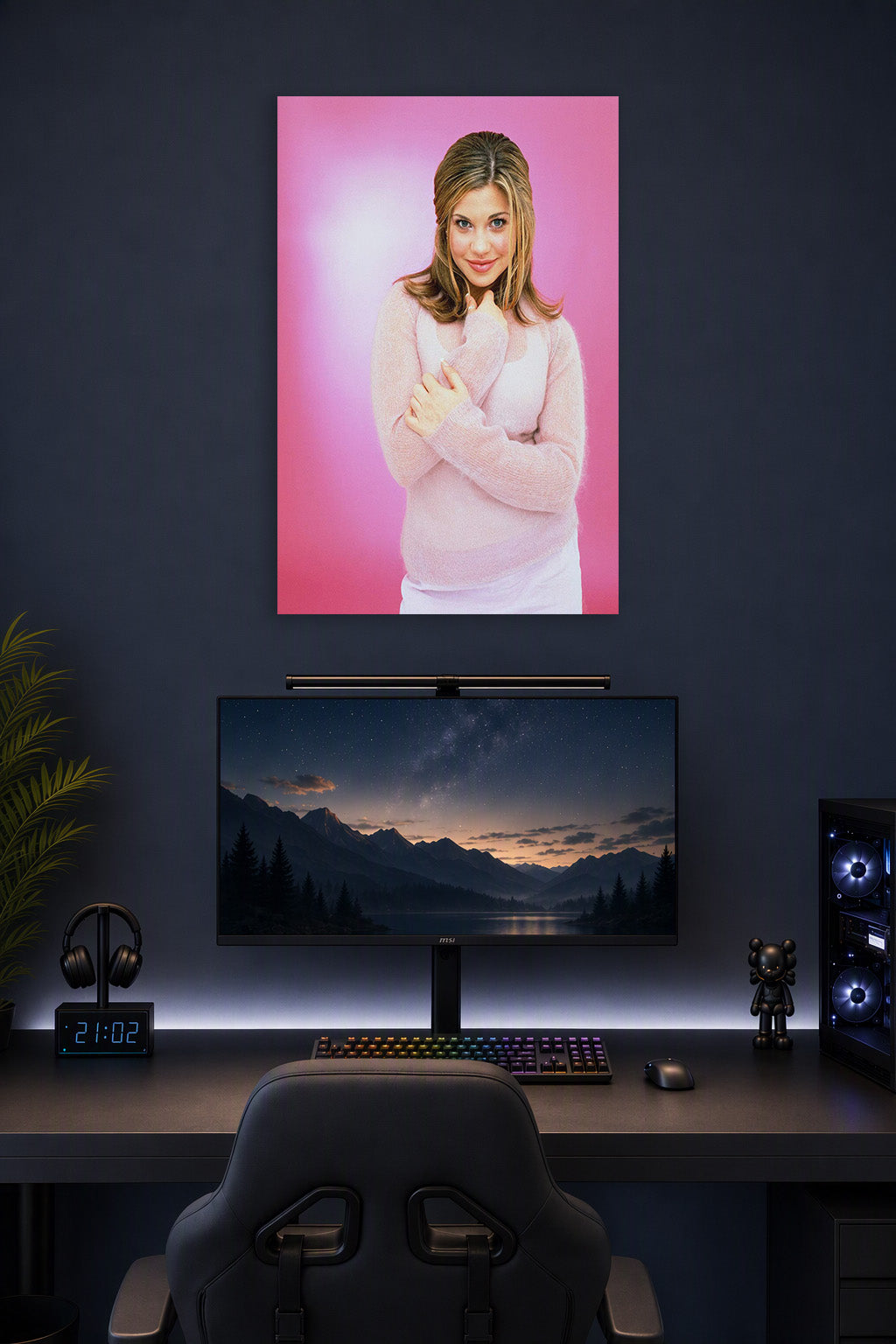 Danielle Fishel in a gaming desk setup above a monitor.