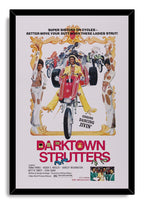 Darktown Strutters framed wall art print features a red trike rider, dancers in white, motorcycles, gold flourishes, and black frame.