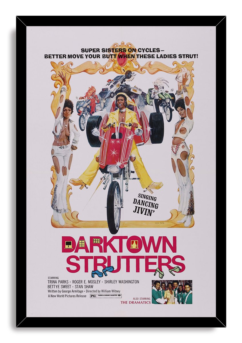 Darktown Strutters framed wall art print features a red trike rider, dancers in white, motorcycles, gold flourishes, and black frame.