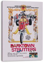 Darktown Strutters movie poster canvas wall art featuring a red three-wheeler rider, two women, motorcycles, and bold pink title text.