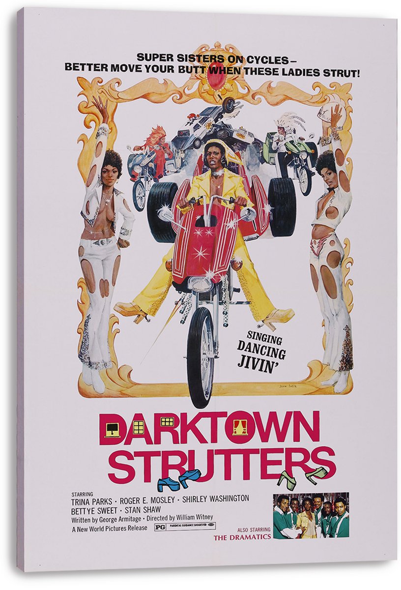 Darktown Strutters movie poster canvas wall art featuring a red three-wheeler rider, two women, motorcycles, and bold pink title text.
