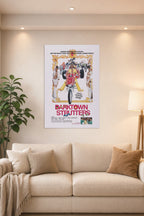 Darktown Strutters Movie Poster in a bright living room above a beige sofa.