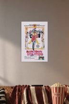 Darktown Strutters Movie Poster in a cozy movie room above a brown sofa with popcorn.