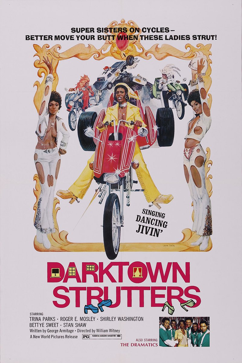 Darktown Strutters movie poster wall art print with a woman on a red trike, dancers, motorcycles, and gold scrollwork.