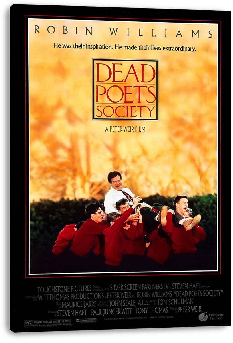 Dead Poets Society canvas wall art print featuring Robin Williams lifted by students beneath the red title lettering.