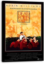 Dead Poets Society canvas wall art print featuring Robin Williams lifted by students beneath the red title lettering.