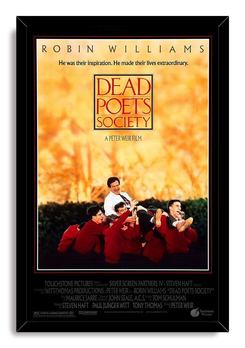 Dead Poets Society framed wall art print with a black frame, golden trees, and students carrying Robin Williams.