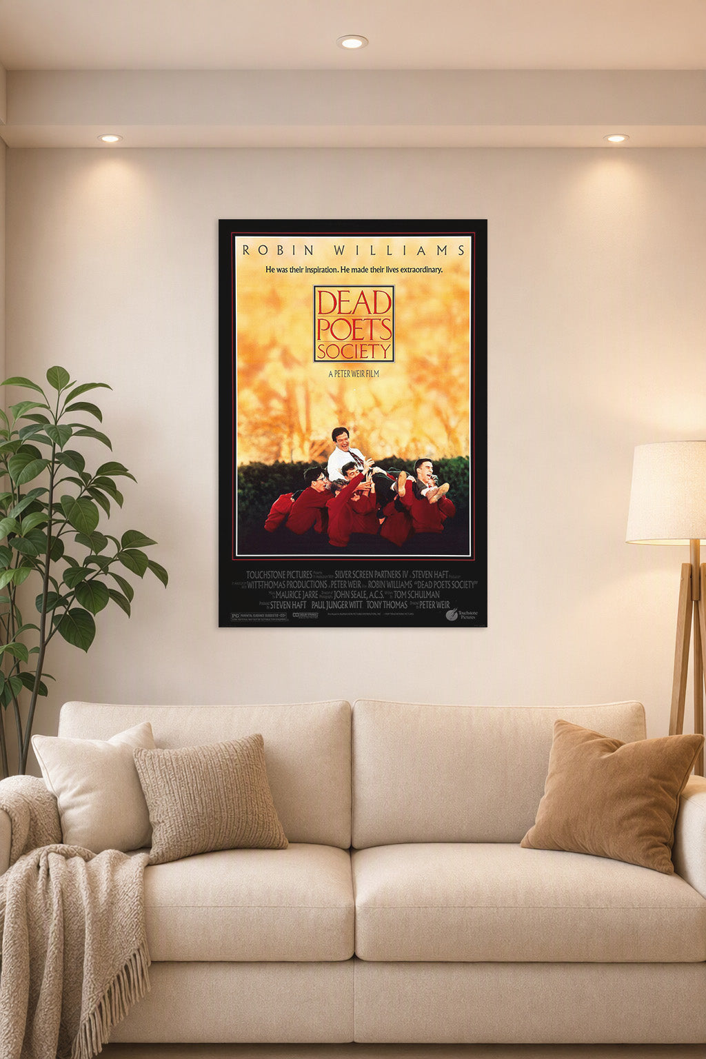 Dead Poets Society Movie in a bright living room above a beige sofa.