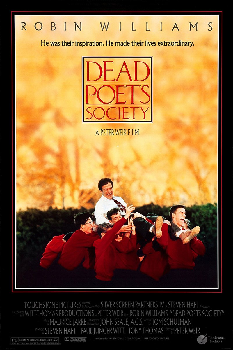Dead Poets Society movie poster with Robin Williams and students in red sweaters against a glowing autumn backdrop.