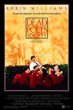 Dead Poets Society movie poster with Robin Williams and students in red sweaters against a glowing autumn backdrop.
