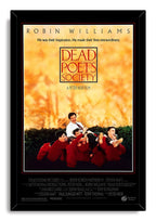 Dead Poets Society framed wall art print with the red title block and Robin Williams held aloft by students.