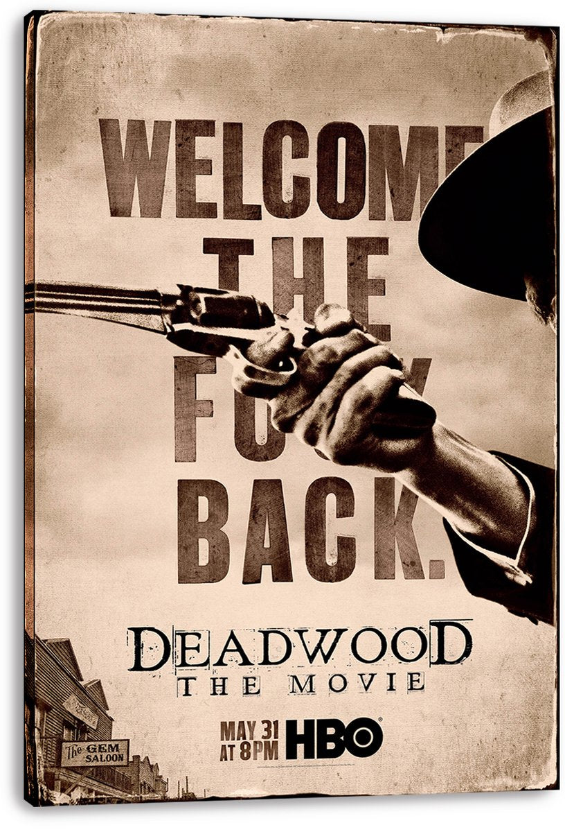 Deadwood The Movie canvas wall art print featuring a hat-shadowed cowboy aiming a revolver, with weathered sepia typography.