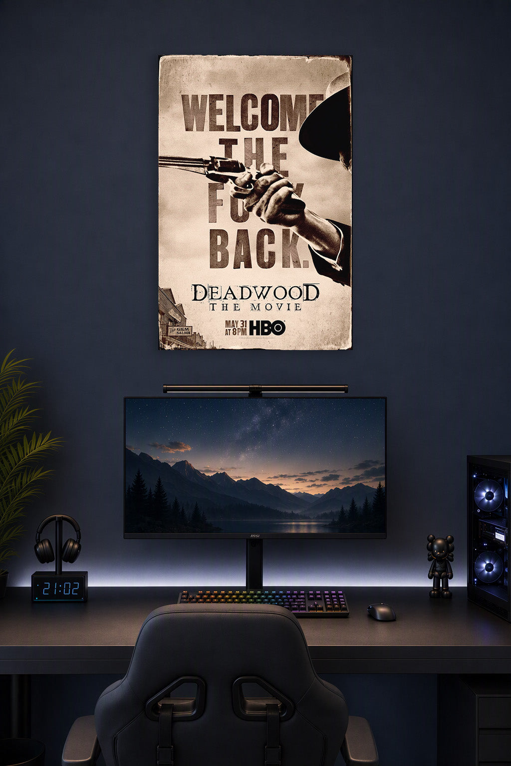 Deadwood The Movie Western Art in a gaming desk setup above a monitor.