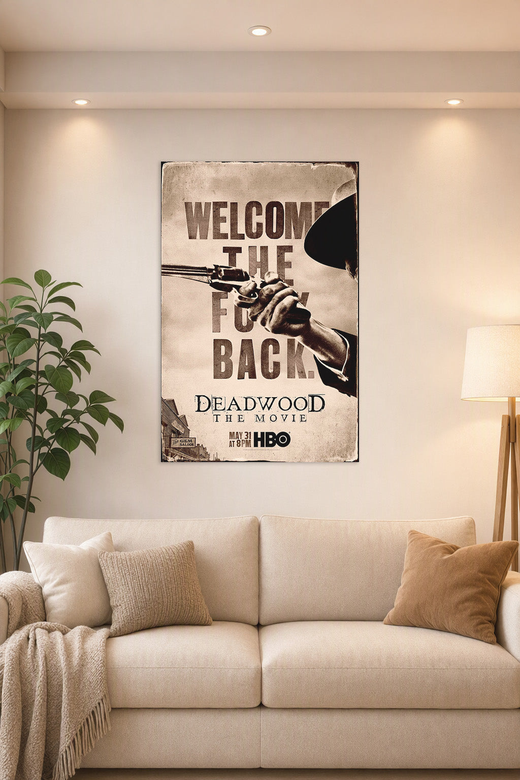 Deadwood The Movie Western Art in a bright living room above a beige sofa.
