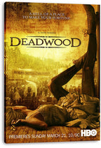 Deadwood canvas wall art print with visible wrapped edges, depicting black boots over a fallen woman and a dusty Western town scene.
