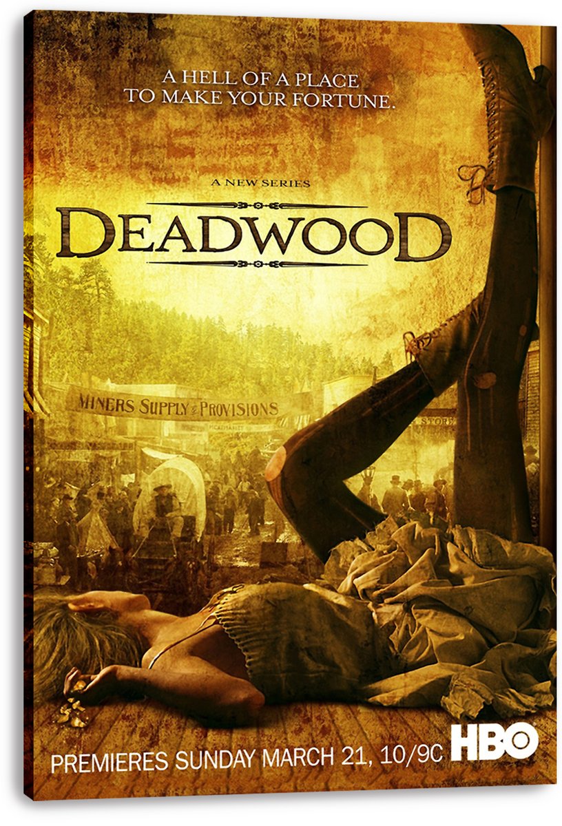 Deadwood canvas wall art print with visible wrapped edges, depicting black boots over a fallen woman and a dusty Western town scene.
