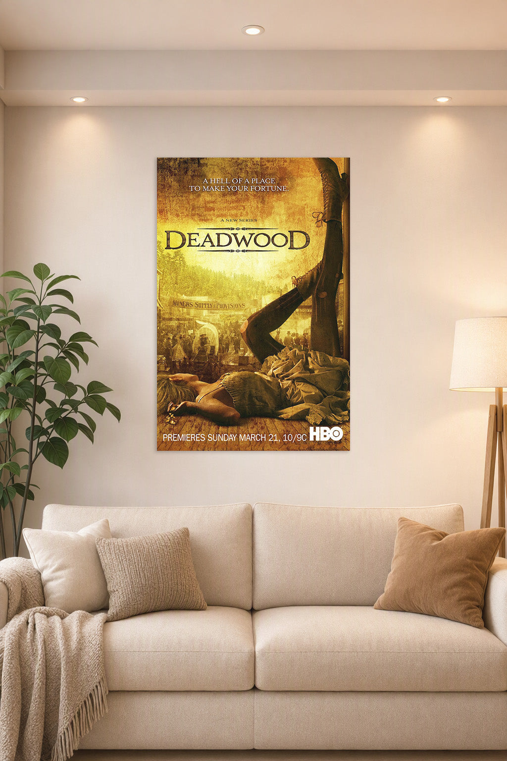 Deadwood Western TV Series in a bright living room above a beige sofa.