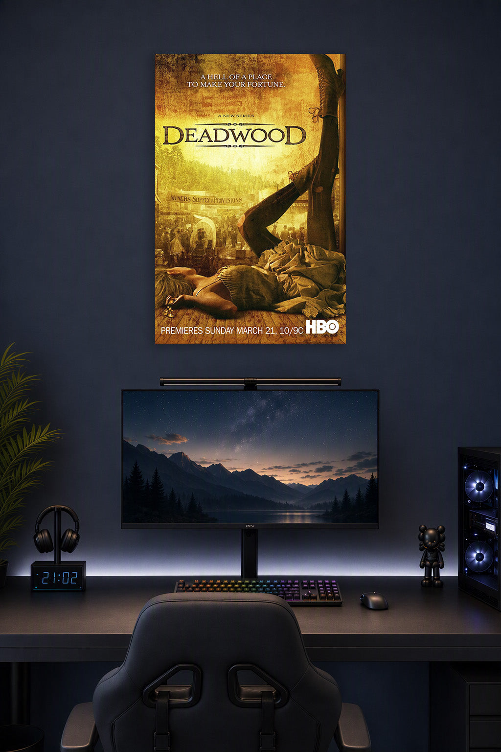 Deadwood Western TV Series in a gaming desk setup above a monitor.