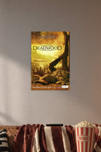 Deadwood Western TV Series in a cozy movie room above a brown sofa with popcorn.