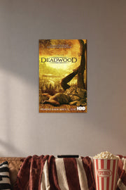 Deadwood Western TV Series in a cozy movie room above a brown sofa with popcorn.