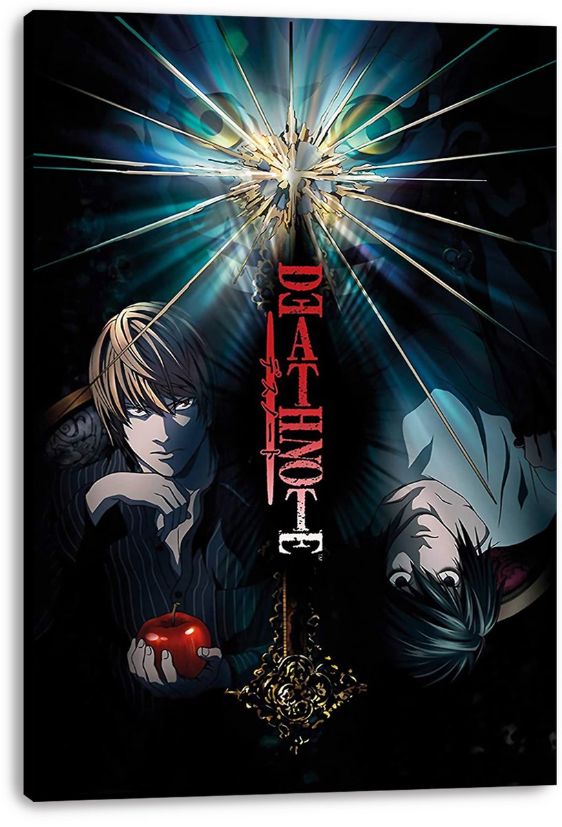 Death Note canvas wall art print featuring Light with a red apple and inverted L beneath radiant cracked-glass blue light.