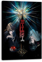 Death Note canvas wall art print featuring Light with a red apple and inverted L beneath radiant cracked-glass blue light.