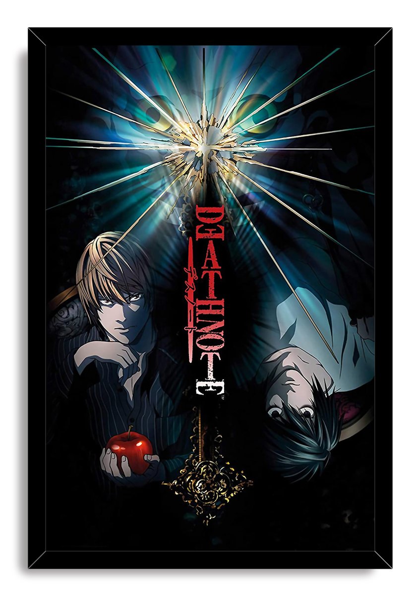 Framed Death Note wall art print depicting Light and upside-down L around a shattered-glass burst and red vertical lettering.