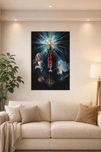 Death Note Light Yagami and L Lawliet in a bright living room above a beige sofa.