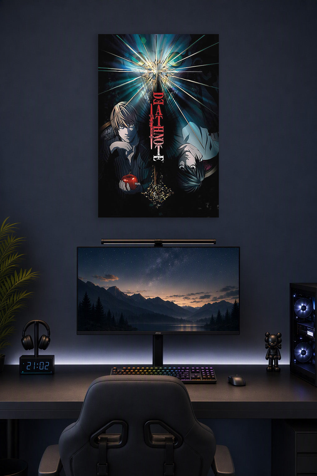 Death Note Light Yagami and L Lawliet in a gaming desk setup above a monitor.