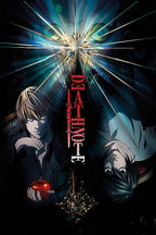Death Note wall art print with Light holding a red apple, L upside down, shattered glass, and a red vertical title.