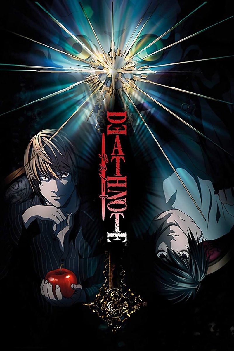 Death Note wall art print with Light holding a red apple, L upside down, shattered glass, and a red vertical title.