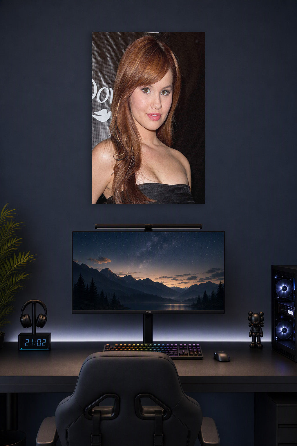 Debby Ryan in a gaming desk setup above a monitor.
