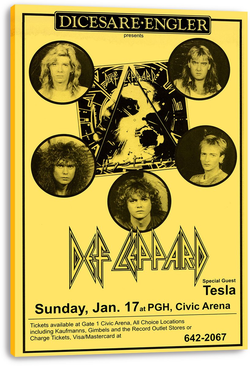 Def Leppard concert canvas wall art print with a yellow-and-black design, five circular portraits, Tesla guest text, and venue details.