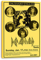 Def Leppard concert canvas wall art print with a yellow-and-black design, five circular portraits, Tesla guest text, and venue details.