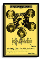 Def Leppard concert poster wall art print presented in a black frame, featuring five portraits, angular logo, Tesla, and Civic Arena text.