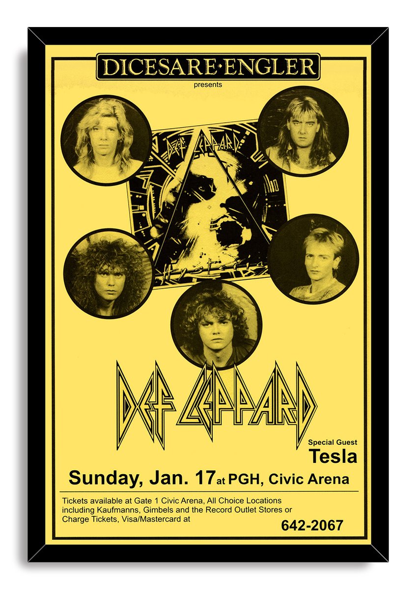 Def Leppard concert poster wall art print presented in a black frame, featuring five portraits, angular logo, Tesla, and Civic Arena text.