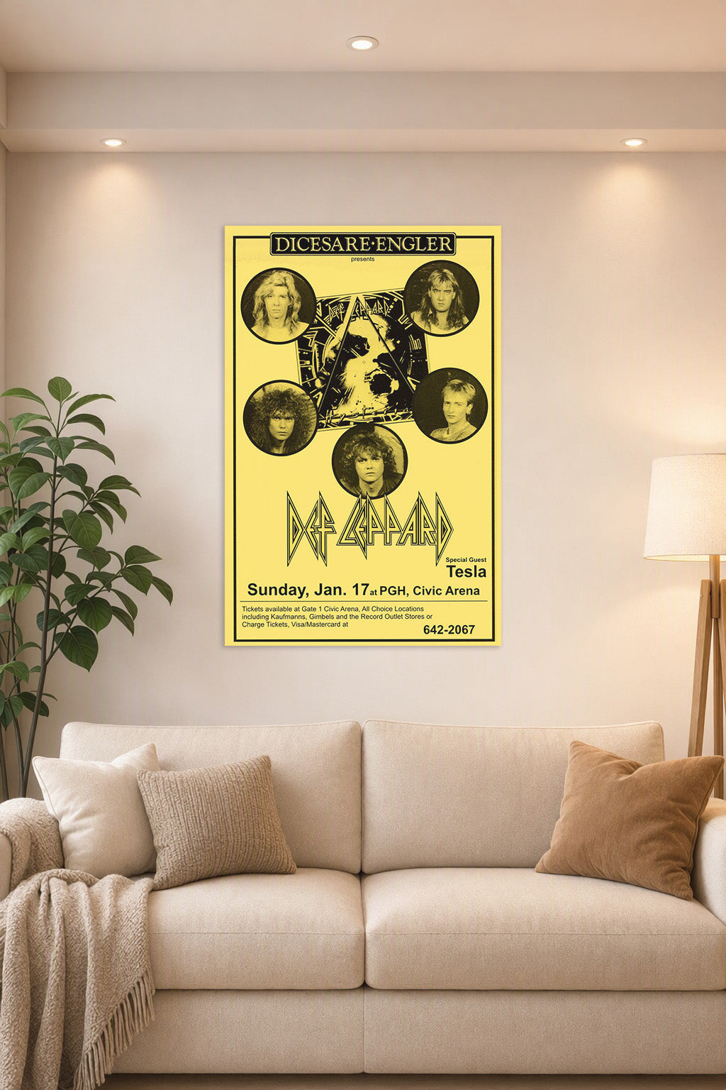 Def Leppard Concert in a bright living room above a beige sofa.