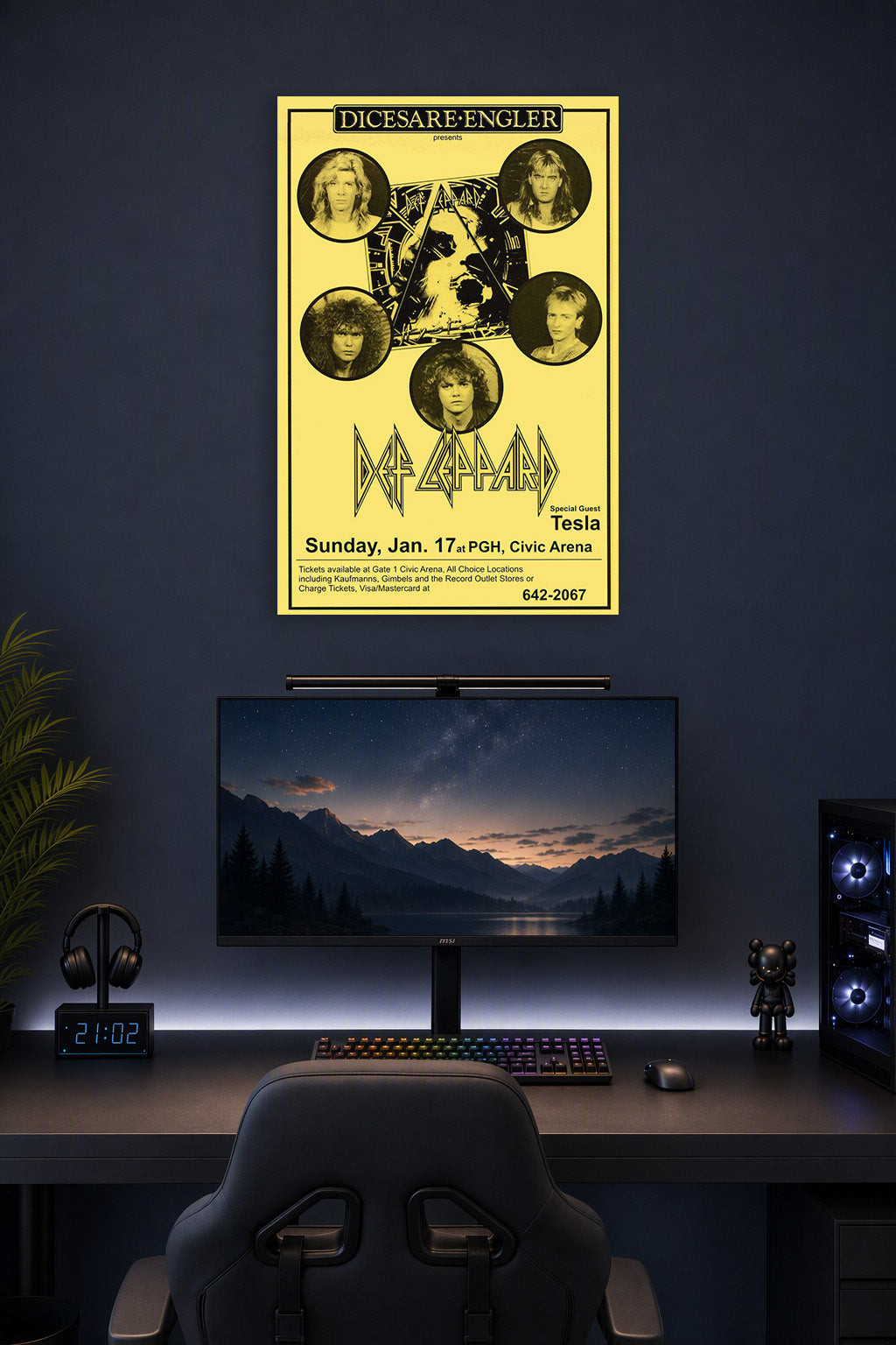 Def Leppard Concert in a gaming desk setup above a monitor.