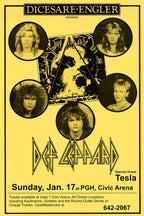 Def Leppard concert poster wall art print in yellow and black with five band portraits, Tesla billing, and Civic Arena date.